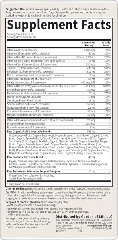 Garden of Life Multivitamin for Men - Vitamin Code 50 & Wiser Men's Raw Whole Food Vitamin Supplement with Probiotics, Vegetarian, 240 Capsules