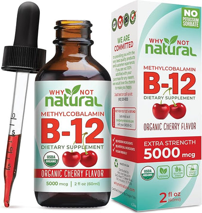Why Not Natural Organic Vitamin B12 Liquid - Sublingual Extra Strength 60 x 5000 mcg Methylcobalamin Drops, Vegan, Maximize Absorption and Energy