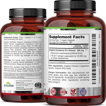Zazzee USDA Organic Cranberry 25:1 Extract, 12,500 mg Strength, 100 Vegan Capsules, Over 3 Month Supply, Standardized, Concentrated 25X Extract, 100% Vegetarian, Certified Organic, Non-GMO All-Natural