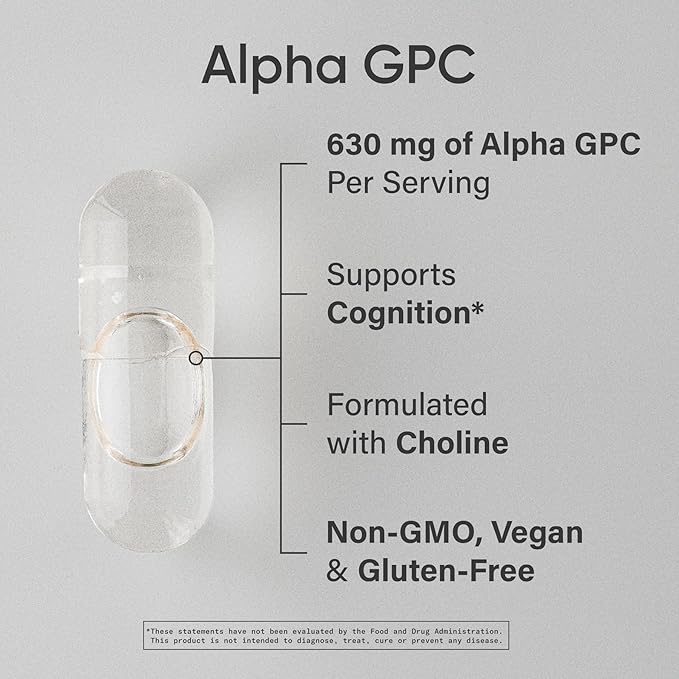Sports Research® Alpha GPC 630mg (Extra Strength) - Bioavailable Source of Choline - Focus & Cognitive Support for Women & Men - Vegan Certified · Non-GMO · Gluten Free - 60 Liquid Capsules