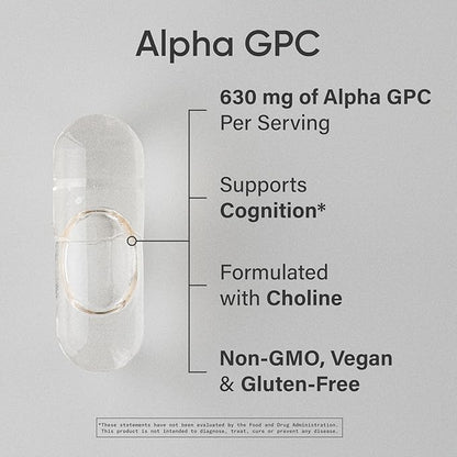 Sports Research® Alpha GPC 630mg (Extra Strength) - Bioavailable Source of Choline - Focus & Cognitive Support for Women & Men - Vegan Certified · Non-GMO · Gluten Free - 60 Liquid Capsules