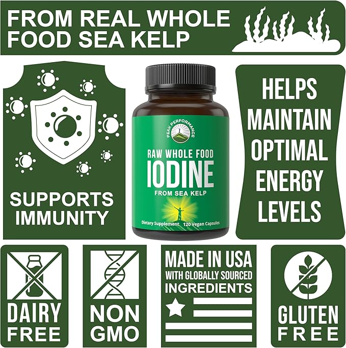 Raw Whole Food Iodine Supplement from Organic Kelp (Ascophyllum Nodosum) by Peak Performance. Potassium Iodide Support Tablets. for Metabolism, Energy, and Immune. 120 Vegan Capsules, Pills.