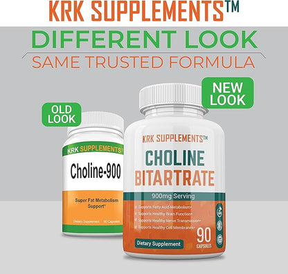 2 Bottles Choline Bitartrate 900mg Per Serving 180 Total Capsules KRK Supplements