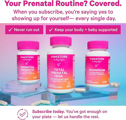 Pink Stork Total Prenatal Vitamins with DHA, Folate, Iron, Choline, and Vitamin B12 - Preconception Nutrition - Prenatals for Women, Pregnancy Essentials - Mint Essence, 60 Capsules, 1 Month Supply