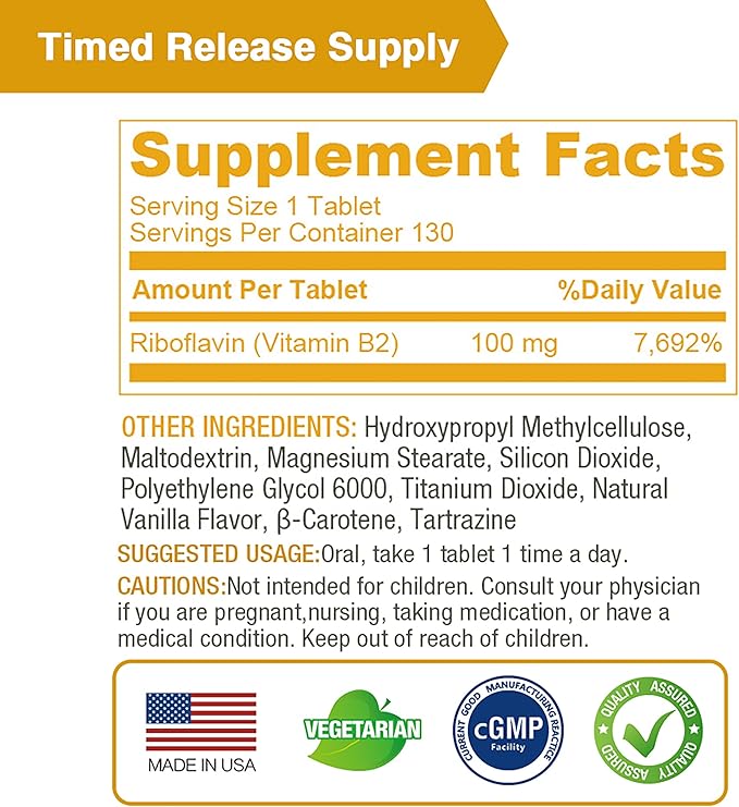 Lovita Vitamin B2 (Riboflavin) 100mg, Timed Release, 8 Hours Sustained, Support Metabolism & Nerve Health, 130 Vegan Tablet