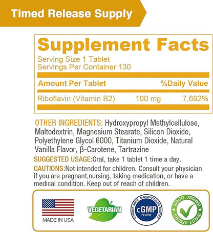 Lovita Vitamin B2 (Riboflavin) 100mg, Timed Release, 8 Hours Sustained, Support Metabolism & Nerve Health, 130 Vegan Tablet