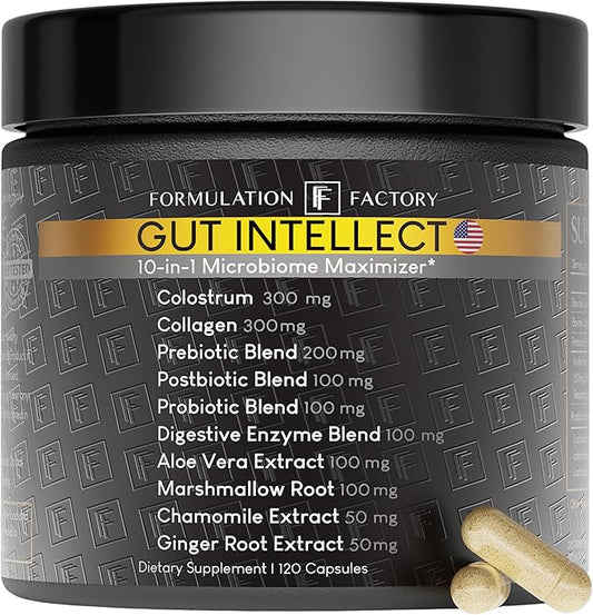 Gut Intellect 10-in-1 Microbiome Maximizer with Probiotics, Prebiotics, Enzymes, Berberine, Ginger, Mint, Supports Digestion & Brain-Gut Health (2 Month Supply, 120 Capsules)
