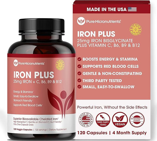 Iron Supplement for Women - Gentle Chelate Iron Bisglycinate 25mg with Vitamin C, B6, B12 Folic Acid – Supports Iron Deficiency, Menstrual Health & Energy - 120 Count