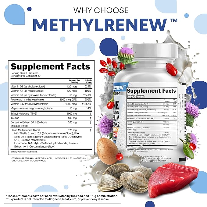 Clean Nutra TMG Trimethylglycine Supplement 1,000mg + Taurine Methylated Multivitamin for Women Men B6 B12 D3 K2 Magnesium Methylfolate Milk Thistle Omega 3 NAC L Carnitine COQ10 B Complex Vitamin