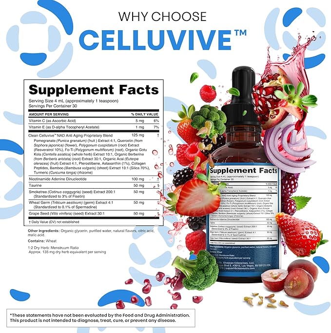 Clean Nutra NAD Liquid Supplement Drops Resveratrol Polyphenols Liposomal Taurine Fisetin Grape Seed Extract Japanese Knotweed Fo Ti Anti Aging NAD+ Nicotinamide Adenine Dinucleotide for Women & Men