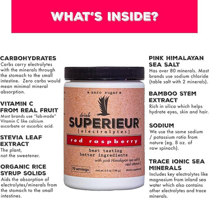 Superieur Electrolyte Powder Packets - Vegan Electrolyte Hydration Powder w/Sea Minerals - Keto Friendly, Non-GMO, Zero Sugar Electrolyte Supplement - Healthy Sports Drink - Raspberry (14 Packets)