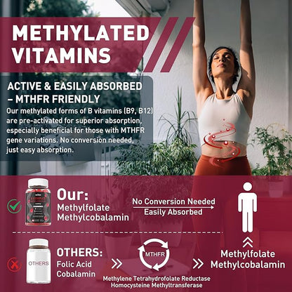 Brain & Mood Support Gummies, Super Vitamin B Complex for Men & Women, All B Vitamin B1 B2 B3 B5 B6 B7 B9 MethyB12 with PABA, Inositol, Choline, Supports MTHFR Gene & Energy, Vegan, 120Ct