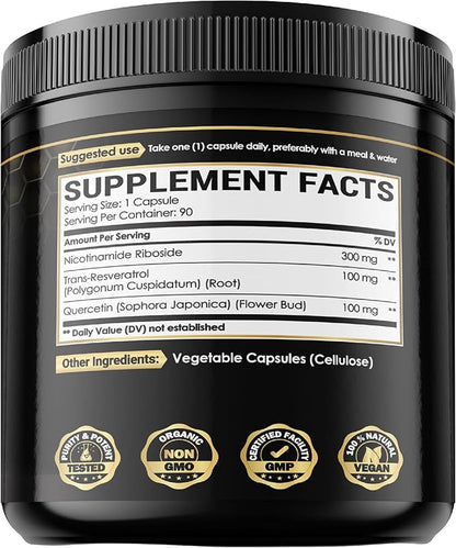 NAD+ Supplement with Nicotinamide Riboside, Resveratrol, Quercetin - 90 Count - 90 Days Supply