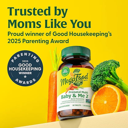 MegaFood Baby & Me 2 Prenatal Multi Vitamins - Prenatal Vitamins for Women with Choline, Methyl Folate & Iron, Vegetarian, Gluten-Free, Pre Natal Multivitamin for Women - 120 Tablets, 60 Servings