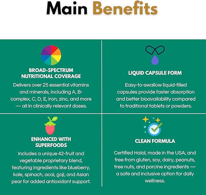 Liquid Multivitamin Complete – 25+ Vitamins & Minerals with 42 Superfood Extracts – Halal Certified – Immune, Energy & Wellness Support – 60 Liquid Capsules – Made in USA
