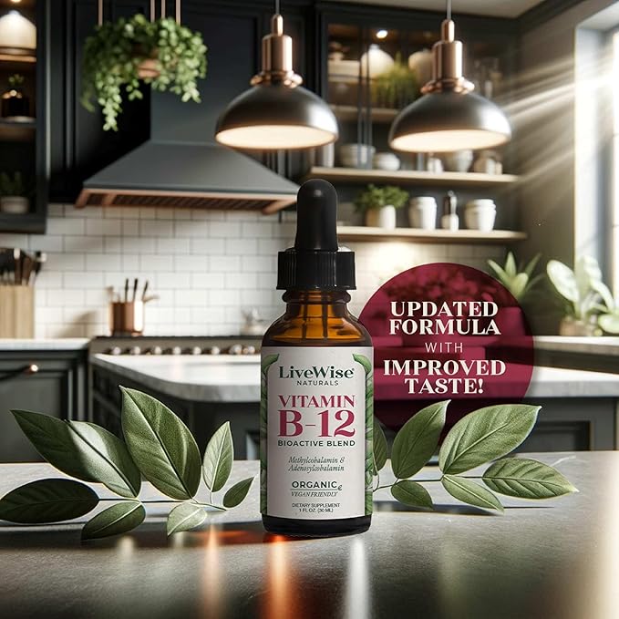 LiveWise Naturals Liquid Vitamin B12 Drops Organic Supplement with Adenosylcobalamin & Methylcobalamin – Easy to Absorb, Gluten-Free, Dairy-Free, for Energy & Wellness, Sublingual Formula -1 Fl Oz