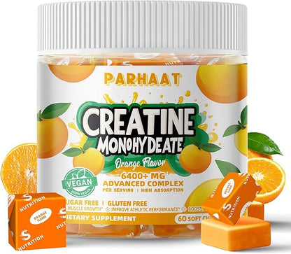 Creatine Monohydrate Chews Complex 6400mg for Men & Women -Advanced Formula W/L-Taurine + Vitamin B12, Sugar Free Chewable Supplement,60 Orange Softchews