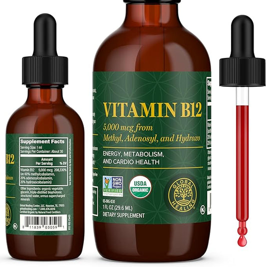 Global Healing Center - Vitamin B12 Sublingual 5000 MCG Organic Liquid Supplement, Methylcobalamin, Adenosylcobalamin, Hydroxo Long-Lasting Energy and Healthy Metabolism - Vegan B12 Vitamins (1 Oz)