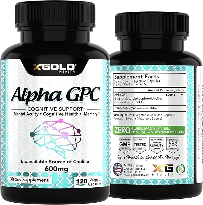 Alpha GPC Choline 600mg, 99% Pure Nootropic Supplement, 120 Veggie Capsules, Cognitive Enhancer for Memory, Brain Health & Focus