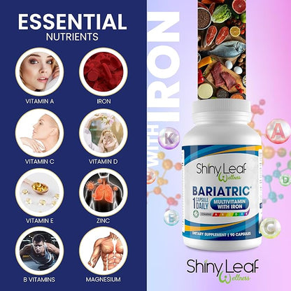 Shiny Leaf Bariatric Multivitamin with Iron - 45 mg for Gastric Bypass, Sleeve Gastrectomy, Roux-en-Y, Duodenal Switch - 22 Vitamins & Minerals, ASMBS Compliant, Vegetarian, Made in USA, GMP, 90 Ct.
