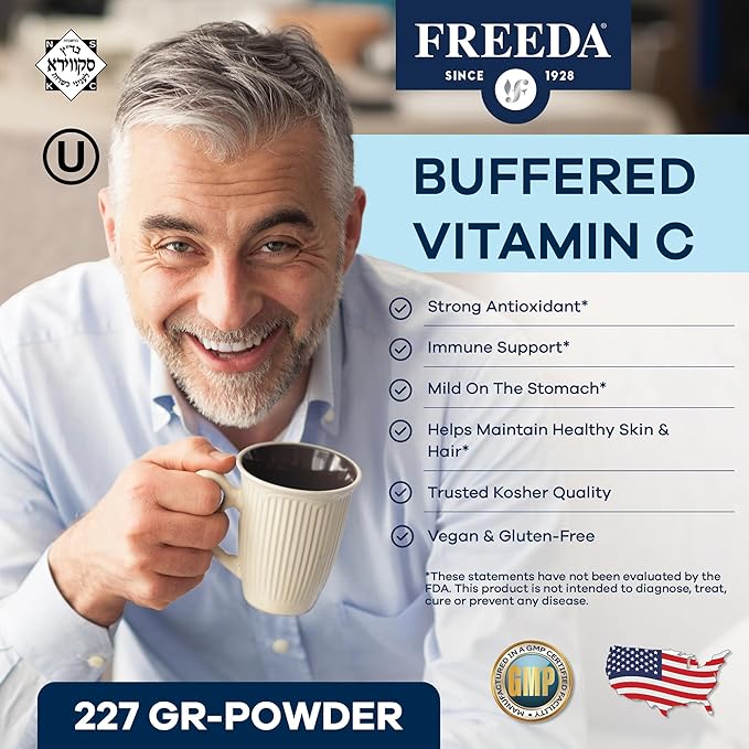 FREEDA Buffered Vitamin C Powder – Gentle on Stomach, Kosher & Vegan, High-Absorption Immune Support, Sugar-Free Calcium Ascorbate Antioxidant Supplement (16 oz)