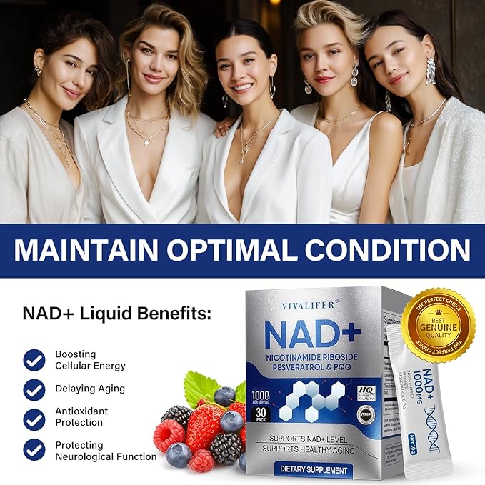 NAD+ Liquid Supplement 30 Packets, Premium Nicotinamide Riboside & Resveratrol with PQQ, Promotes Anti-Aging, Metabolism Support, Focus & Energy Boost