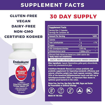 Endomune Metabolic Rescue Prebiotic and Probiotic | Physician Formulated | 120 Vegetarian Capsules | Weightloss