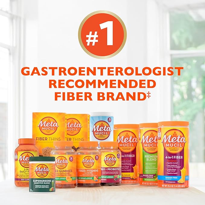 Metamucil 4-in-1 Daily Fiber Supplement, Psyllium Husk Powder for Digestive Health, Sugar-Free Fiber Supplement, Orange, Naturally Sourced Psyllium Husk Powder, 180 teaspoons