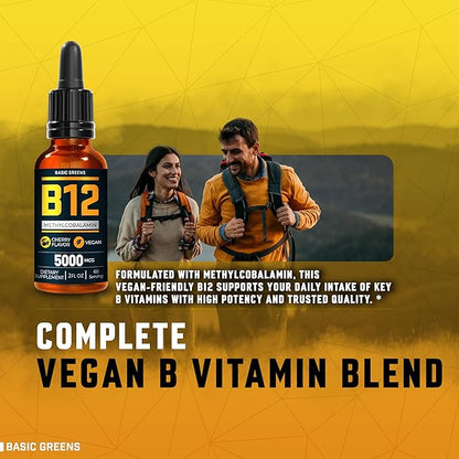 Vitamin B12 Sublingual Liquid Drops 5000 mcg – Vegan Methyl B-12 Supplement for Energy & Focus – B 12 Vitamin for Women & Men – Fast Absorption Methylcobalamin – 120 Servings – 4 fl oz