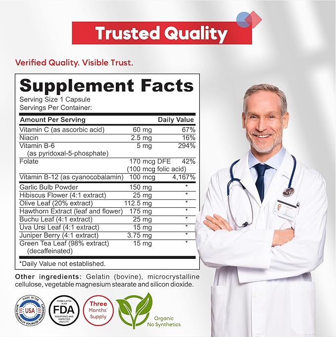 Blood Pressure Support Supplement – Natural Hawthorn, Hibiscus, Garlic & Olive Leaf – Heart Health & Circulation Support – B12, B6 – Vegan, Non-GMO – 90 Caps (3-Month Supply)