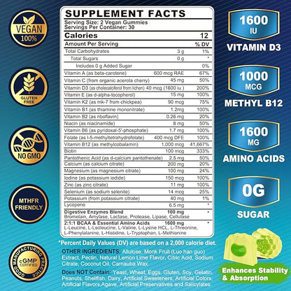 2 Pack Methylated Multivitamin for Men Gummies, BCAA Amino Acids, Zinc, Biotin, Vitamin A C E D3 K2 B Complex Calcium, Magnesium, Lycopene, Digestive Enzymes - Energy Muscle Immune - Sugar Free, Vegan