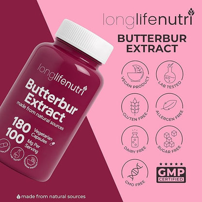 Butterbur Extract 100mg - Petasites Hybridus Root Extract, 180 Vegetarian Capsules, 6 Month Supply, Organic Supplement for Head Comfort & Neural Calm, GMP Certified, Made in USA