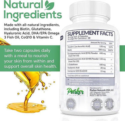 Glowing Skin Supplement - Biotin, Glutathione, Hyaluronic Acid, DHA/EPA Omega 3 Fish Oil, CoQ10, Vitamin C, All Natural Skin Care Supplement, 60 Caps