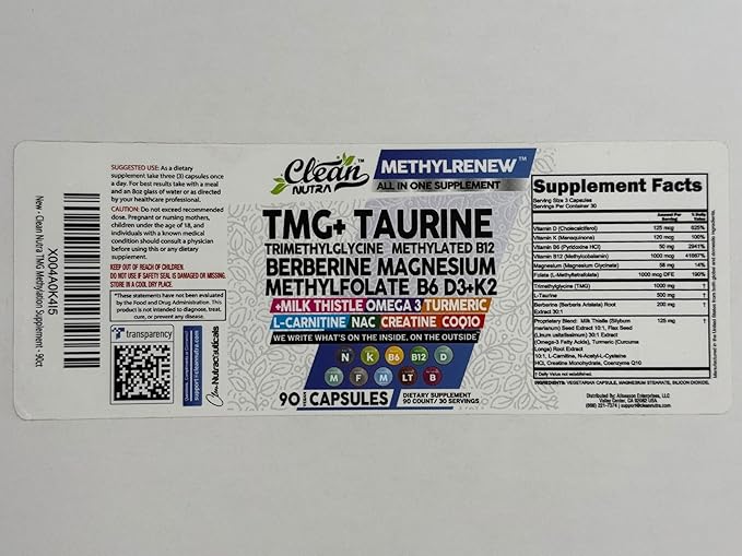 Clean Nutra TMG Trimethylglycine Supplement 1,000mg + Taurine Methylated Multivitamin for Women Men B6 B12 D3 K2 Magnesium Methylfolate Milk Thistle Omega 3 NAC L Carnitine COQ10 B Complex Vitamin