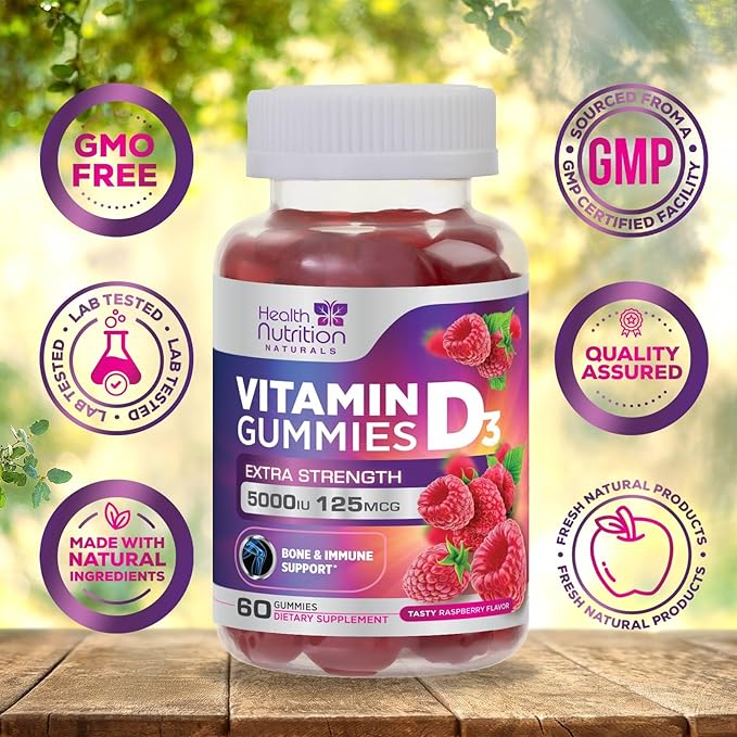 Vitamin D3 Gummies 5000 IU (125 mcg) - Extra Strength Immune Support, Bone, Teeth and Muscle Vitamin D Gummy Dietary Supplement, Nature's Berry D Vitamin Supplement, Raspberry, Non-GMO - 60 Gummies