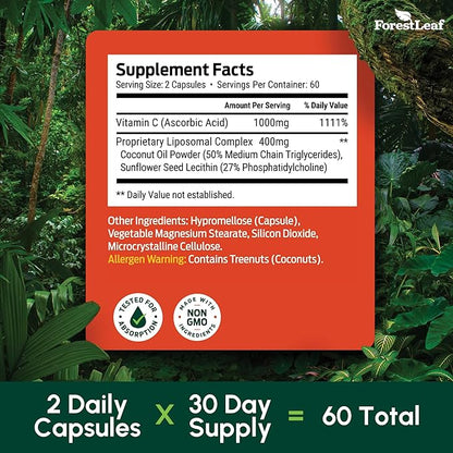ForestLeaf Liposomal Vitamin C 1000mg Capsules | High Dose Vitamin C Liposomal Supplement w Coconut Oil Fatty Acids | Fast Absorption | Immune Support, Antioxidant, Collagen Production | 120 Vegan Cap