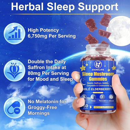 Sleep Mushroom Gummies with Reishi & Saffron -Natural Sleep Aid & Relaxation Supplement, Wild Elderberry Flavor, Non-GMO, No Sugar, 60 Count