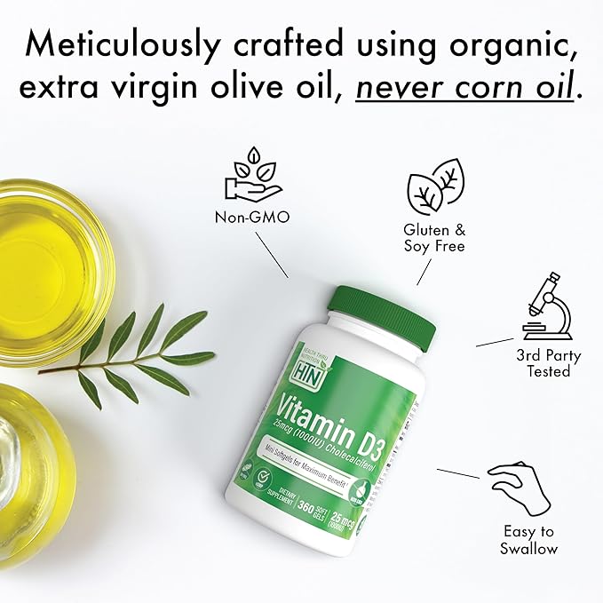 Health Thru Nutrition Vitamin D3 5,000iu 100 Mini Softgels for Maximum Benefit | 125mcg Cholecalciferol | 3rd Party Tested | Non-GMO USP Grade in Organic EVOO | Immune Health Support