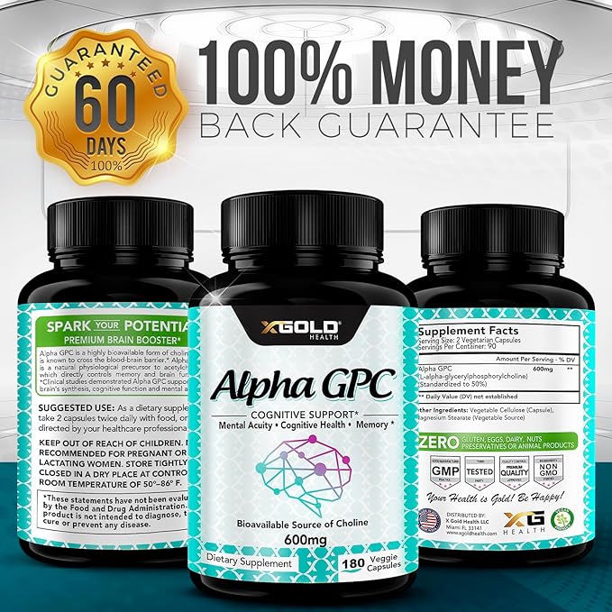 Alpha GPC Choline Supplement 600mg, 99%+ Highly Purified, Highly Bioavailable Source of Choline,180 Veggie Capsules, Cognitive Enhancer Nootropic, Supports Memory & Brain Function, Boosts Focus & Mood