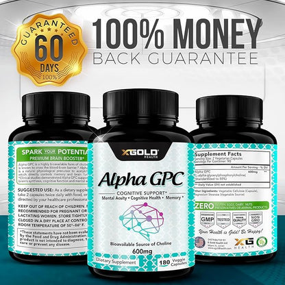 Alpha GPC Choline Supplement 600mg, 99%+ Highly Purified, Highly Bioavailable Source of Choline,180 Veggie Capsules, Cognitive Enhancer Nootropic, Supports Memory & Brain Function, Boosts Focus & Mood