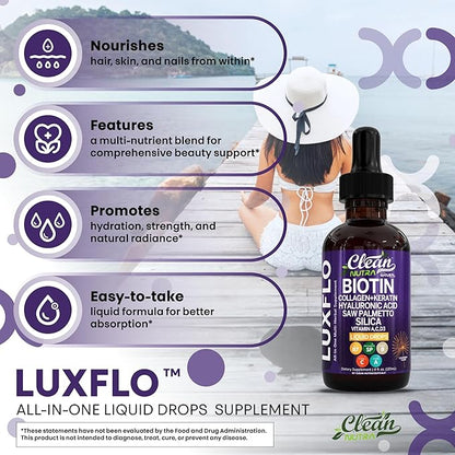 Biotin Liquid Drops Collagen Keratin Hyaluronic Acid Saw Palmetto for Hair Skin and Nails Silica Vitamin A C Vitamin D Bamboo Turmeric Zinc Folate Magnesium Horsetail LuxGlo by Clean Nutra