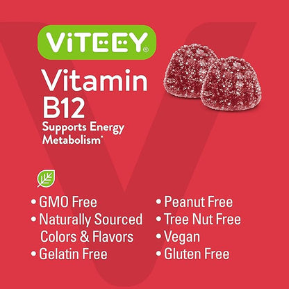 Viteey Vitamin B12 Gummies for Adults & Teens 1000mcg - Good for Energy, Metabolism, Natural Energy, Immune System Support - Vegan, Gelatin Free, Gluten Free - Tasty Chewable Raspberry Flavored Gummy