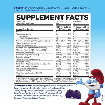 The Smurfs Kids Multivitamin Gummies with 15 Daily Vitamins and Minerals for Growth & Development | Made with Real Fruit in a Smurf Berry | Delicious, Doctor Developed & Non-GMO Formula | 100 Gummies