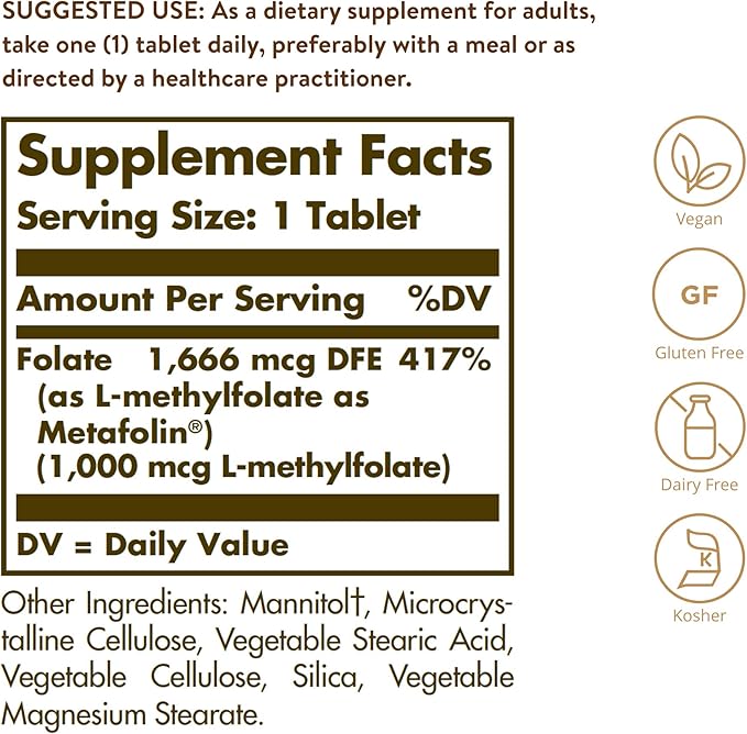 Solgar Folate 1000 mcg, 120 Tablets - 1000 mcg Bio-active Metafolin - Vegan, Gluten Free, Dairy Free, Kosher - 120 Servings