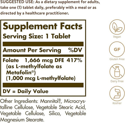 Solgar Folate 1000 mcg, 120 Tablets - 1000 mcg Bio-active Metafolin - Vegan, Gluten Free, Dairy Free, Kosher - 120 Servings