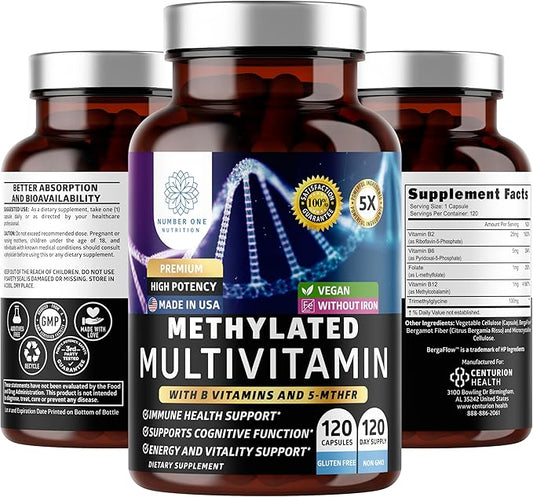 Number One Nutrition Methylated Multivitamin for Women & Men, Natural Daily Multivitamins with Folate, Vitamin B12, Vitamin B2 and B6, Non-GMO, Gluten-Free, 120 Caps