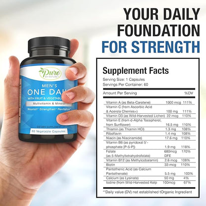 Pure By Nature One-Daily Multivitamin for Men, Immune Support Supplement with Non-GMO Ingredient, Vitamin & Minerals for Energy, 60 Veggie Capsules