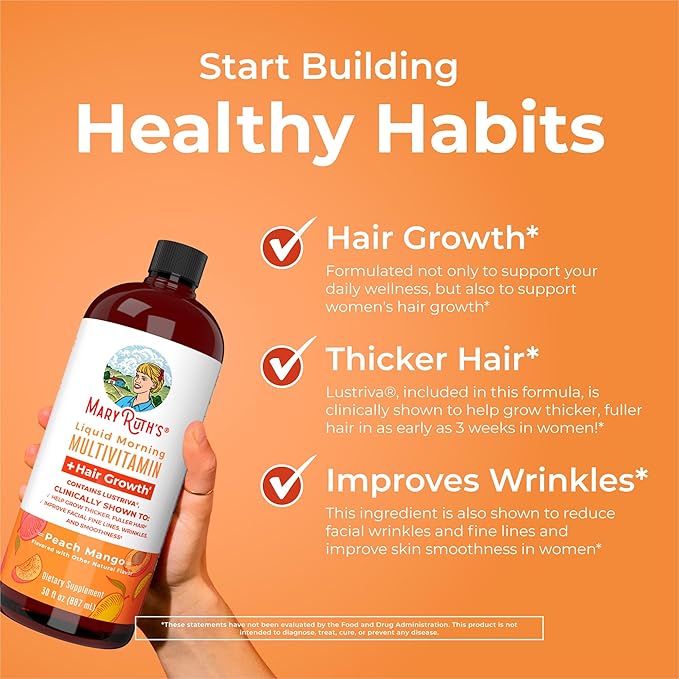 MaryRuth's Liquid Multivitamin + Hair Growth | Clinically Tested for Thicker Hair & Facial Wrinkles in Women | Biotin 10000mcg | Lustriva Hair Growth Supplements | Skin Care | Ages 18+ | 30 Fl Oz