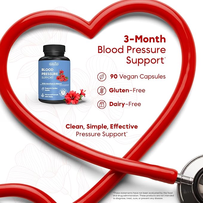 Blood Pressure Support Supplement – Natural Hawthorn, Hibiscus, Garlic & Olive Leaf – Heart Health & Circulation Support – B12, B6 – Vegan, Non-GMO – 90 Caps (3-Month Supply)