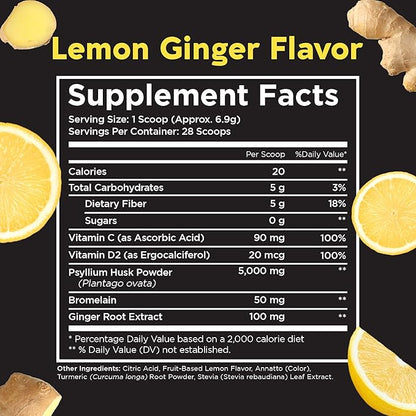 Pinch Magic Sugar Free Fiber Powder – Light Lemon Ginger Psyllium Husk with Bromelain & Vitamins C & D – Vegan, Gluten-Free, Clean Label, USA-Made, GMP-Certified – 28-Day Supply